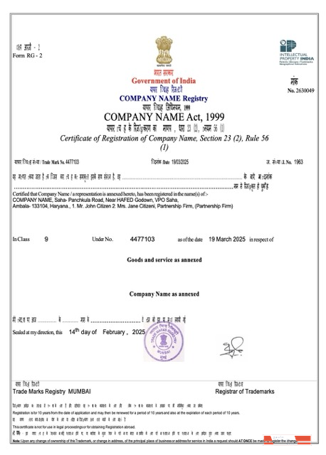 India certificate of registration Word and PDF template, version 3